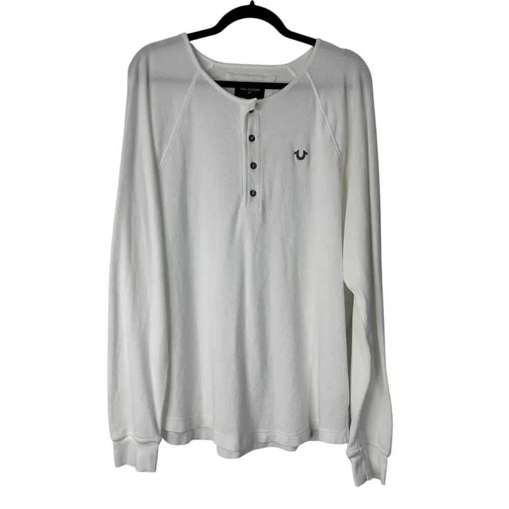 True Religion Top Mens XL White Cotton Waffle Knit Long Sleeve Henley Base Layer